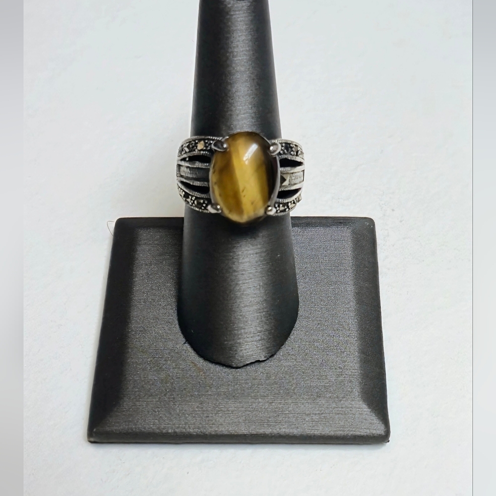 Tiger's Eye & Marcasite Silver 925 Ring Size 7¾